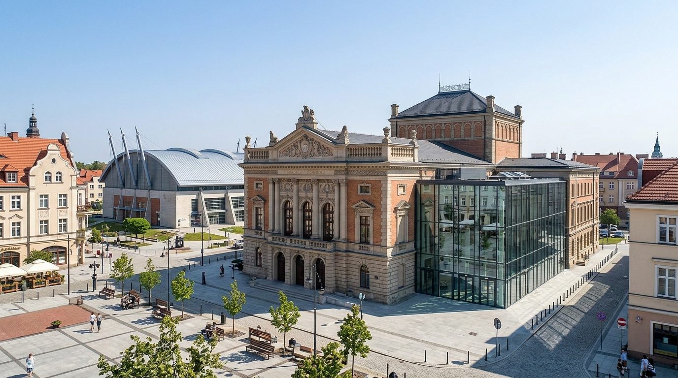 Teatr miejski z nową przeszkloną dobudową