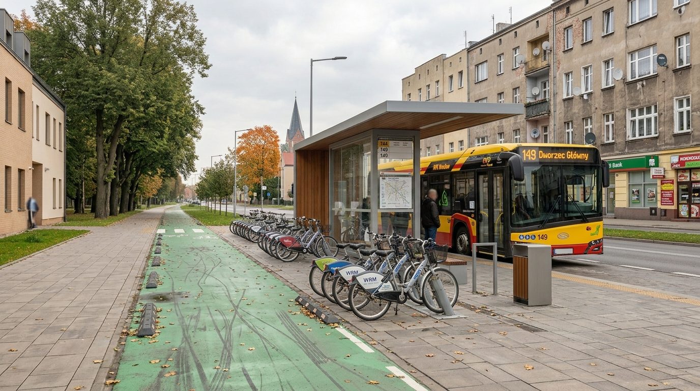 Przystanek z rowerami miejskimi i autobusem